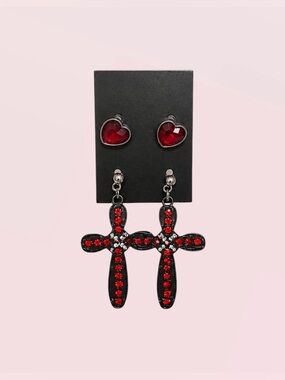Gothic Red Heart & Cross Earrings